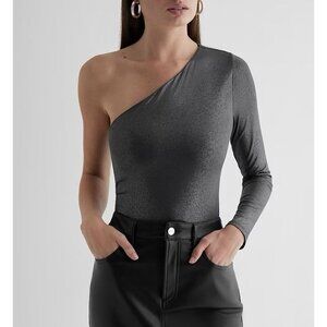 Express Women's Body Contour Bodysuit Size XL Shine One Shoulder Long Sleeve NWT